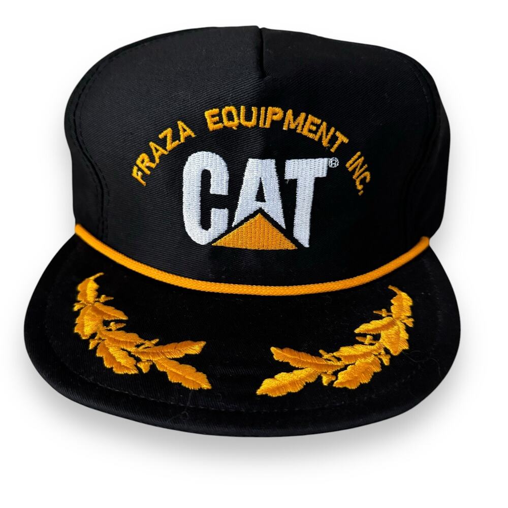 Excellent Vintage CAT Snapback Hat Black Black Gold Fraza Supply USA Made Rope